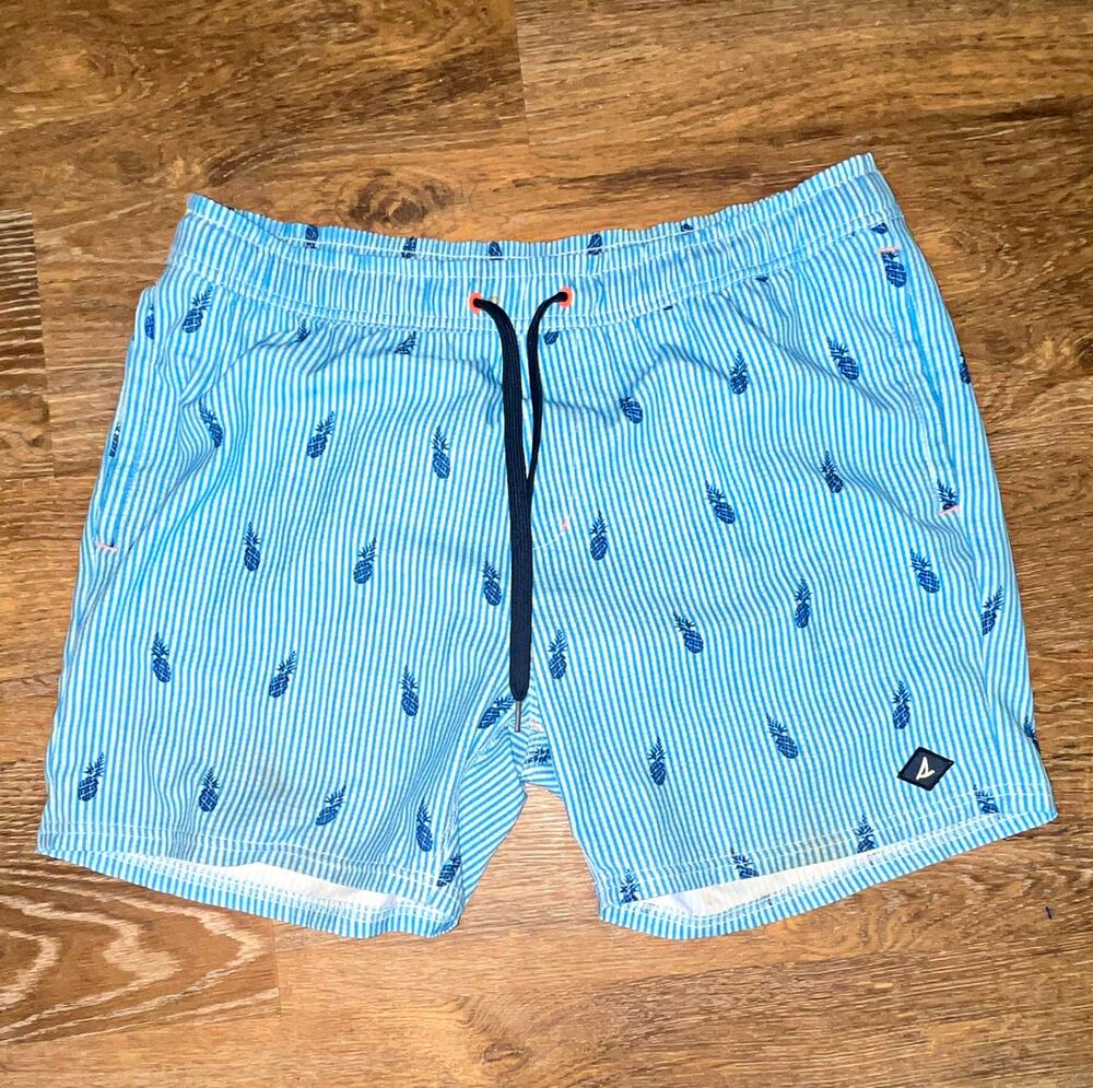 Sperry Men's Blue/White Striped Pineapple Swim Trunks L Mesh Lined Drawstring